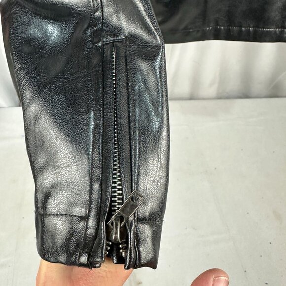 BC Ethic Womens Size Medium Black Faux Leather Jacket With Red Flame Sleeves - Picture 3 of 7